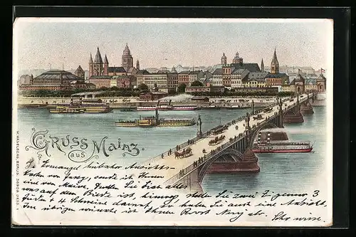 Lithographie Mainz, Uferpartie mit Brücke und Dampfer