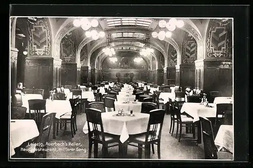 AK Leipzig, Gasthaus Auerbach`s Keller, Hauptrestaurant, Mittlerer Gang