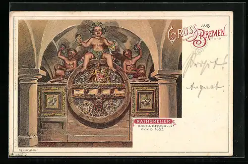Lithographie Bremen, Gasthaus Ratskeller, Bachusfass Anno 1653