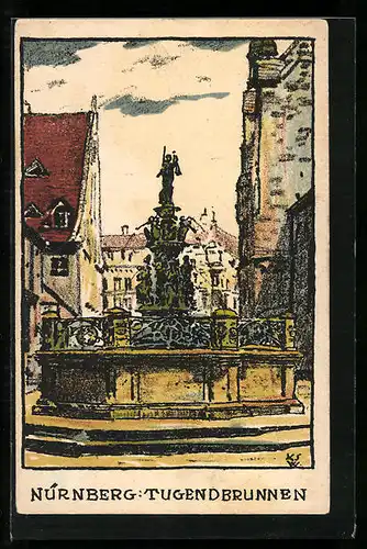 Künstler-AK Nürnberg, Ortspartie mit Tugendbrunnen