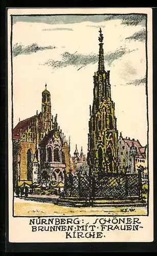 Künstler-AK Nürnberg, Schöner Brunnen mit Frauenkirche