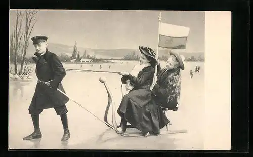AK Junge zieht Frauen auf einem Schlitten