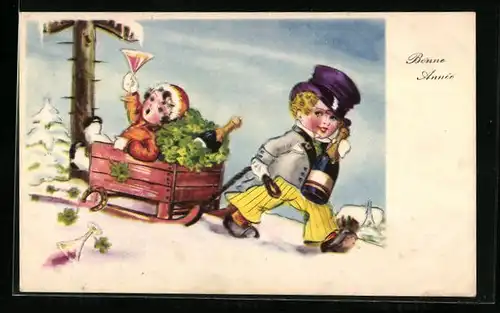 AK Kind mit Champagnerflasche zieht Mädchen im Schlitten