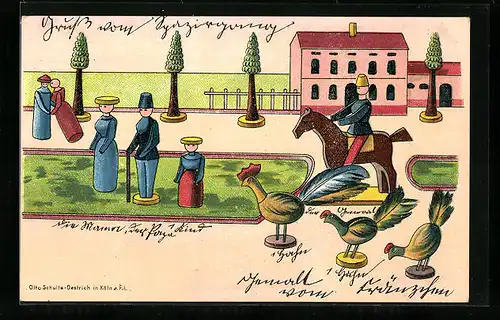 AK Reiter, Familie und Hühner, Holzspielzeug