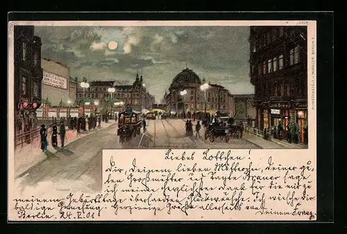 Mondschein-Lithographie Berlin, Weidendammer Brücke am Abend