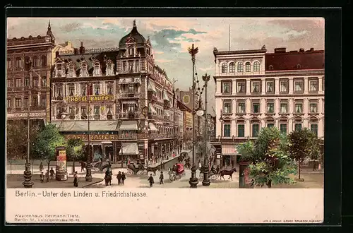 Lithographie Berlin, Unter den Linden u. Friedrichstrasse