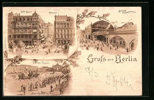 Lithographie Berlin, Bahnhof Friedrichstrasse, Kranzler, Cafe Bauer
