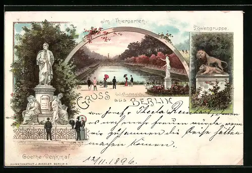 Lithographie Berlin, Am Tiergarten, Löwengruppe, Goethe-Denkmal