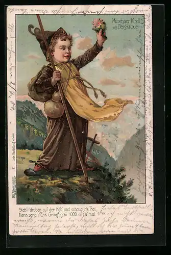 AK Münchner Kindl als Bergkraxler mit Blumen