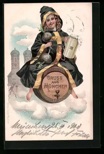 Präge-Lithographie München, Münchner Kindl fliegt auf einem Fass, Im Hintergrund Frauenkirche