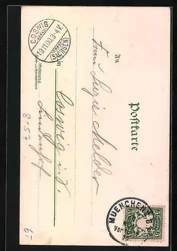 Lithographie München, Münchner Kindl mit Bierfass vor dem Gasthaus Gassenschänke