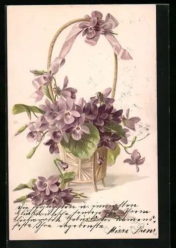 AK Veilchen mit Blättern im Korb