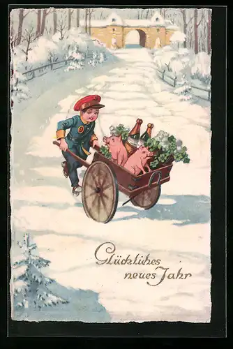 AK Kleiner Page mit Ferkeln und Sekt im Karren, Neujahrsgruss