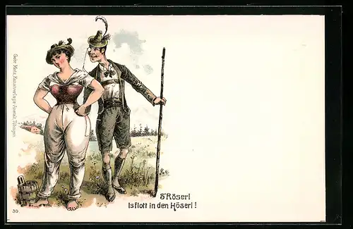 Künstler-AK Mann belästigt Frau in Hosen