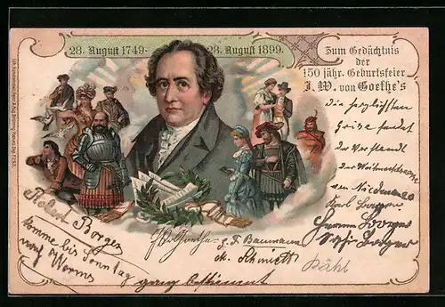 Lithographie Zum Gedächtnis der 150 jähr. Geburtstagsfeier J. W. von Goethe`s 1899
