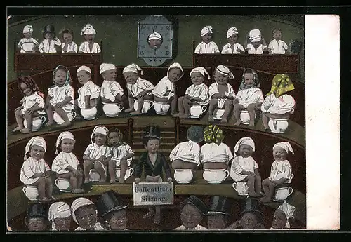 AK Kleine Kinder auf Töpfchen, Oeffentliche Sitzung