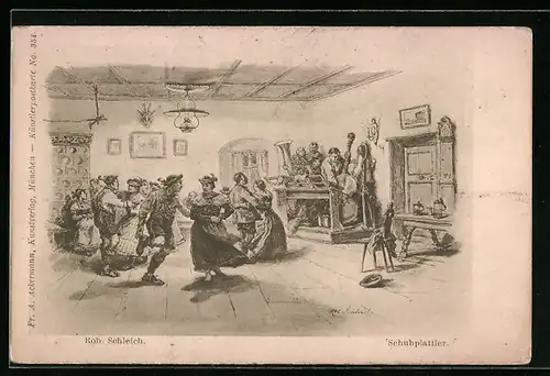 Künstler-AK Schuhplattler, Volkstanz, Männer und Frauen tanzen