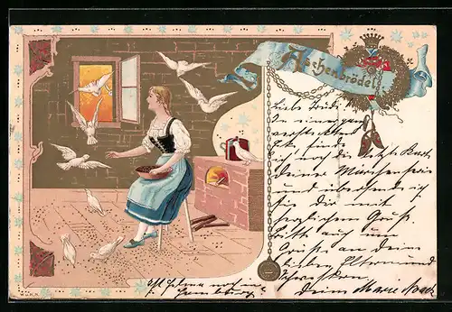Präge-Lithographie Aschenbrödel füttert Vögel