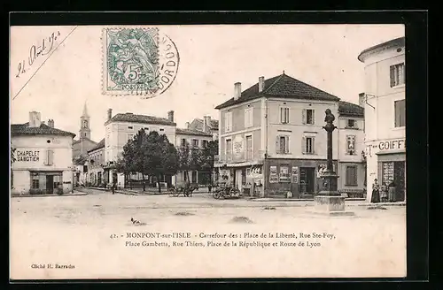 AK Monpont-sur-l`Isle, Carrefour des: Place de la Liberté, Rue Ste-Foy, Place Gambette, Rue Thiers