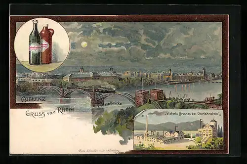 Lithographie Coblenz, Panorama mit Moselbrücke, Gasthaus Victoria-Brunnen bei Oberlahnstein