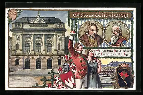 Künstler-AK Würzburg, Alma Julia, Prinzregent Luitpold, Teilansicht, Studentenpaar, Wappen