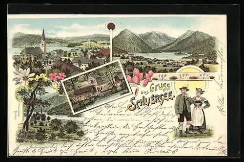 Lithographie Schliersee, Gesamtansicht, Wurzerhütte, Trachtenpaar