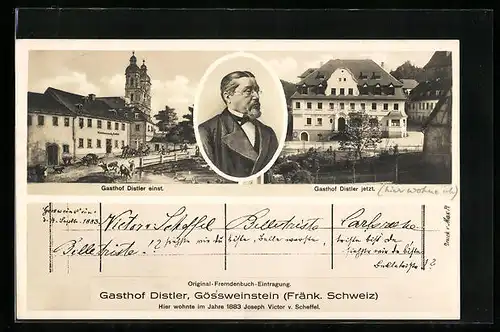 AK Gössweinstein /Fränk. Schweiz, Gasthof Distler einst und jetzt, Portrait und Fremdenbuch-Eintrag Victor von Scheffel