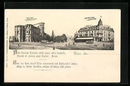 AK Trier, Porta Nigra und Hotel Porta Nigra Emil Kathe mit Strasse