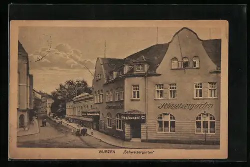 AK Wurzen, Restaurant Schweizergarten mit Strasse aus der Vogelschau