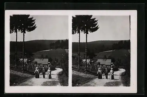 Stereo-AK Vesser, Ein Herr und zwei Damen beim Spaziergang auf der Landstrassse