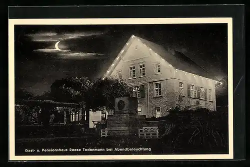 Mondschein-AK Todenmann bei Rinteln a. d. W., Gast- und Pensionshaus Reese-Todenmann Gust. Columbus, mit Denkmal