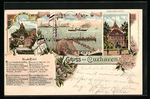 Lithographie Cuxhaven, Alte Liebe, Schloss Ritzebüttel, Kriegerdenkmal