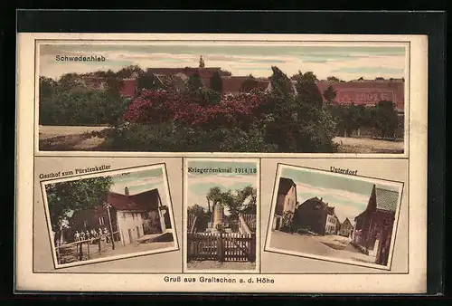 AK Graitschen a. d. Höhe, Schwedenhieb, Gasthof zum Fürstenkeller, Kriegerdenkmal 1914 /18