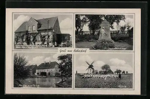 AK Hohndorf, Gasthaus Hohndorf, Windmühle mit Schafherde und Schäfer
