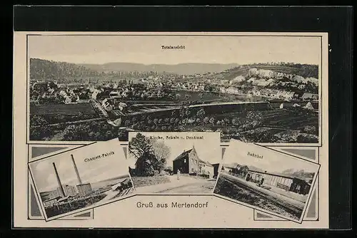 AK Mertendorf, Ortsansicht aus der Vogelschau, Chamott-Fabrik und Bahnhof