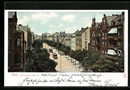 AK Kiel, Holtenauer Strasse mit Strassenbahnen aus der Vogelschau