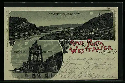 Mondschein-Lithographie Porta Westfalica bei Minden, Kaiser Wilhelm Denkmal, Totalansicht mit Fluss