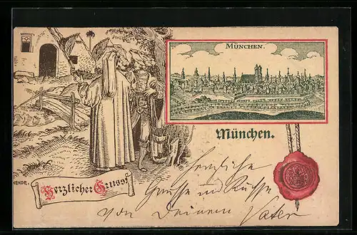 Lithographie München, Ortsansicht aus der Vogelschau und Siegel