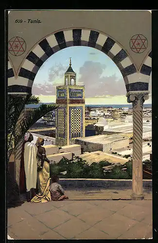 AK Tunis, Teilansicht der Stadt mit Minarett