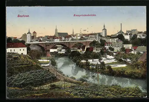 AK Bautzen, Kronprinzenbrücke mit Fluss