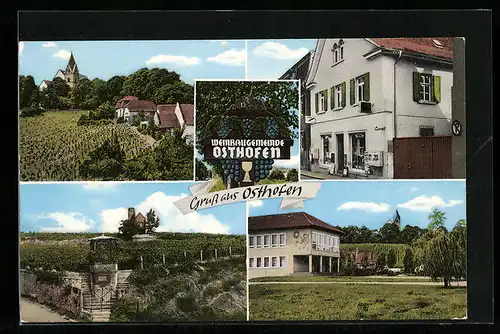 AK Osthofen, Ortspartie mit Kirche, F. u. M. Kowalinski Schreibwaren und Bürobedarf