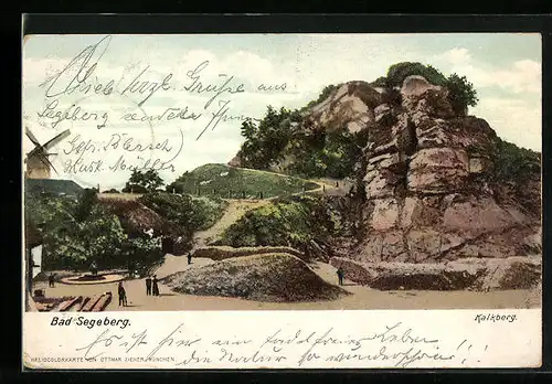 Lithographie Segeberg, Kalkberg, Windmühle