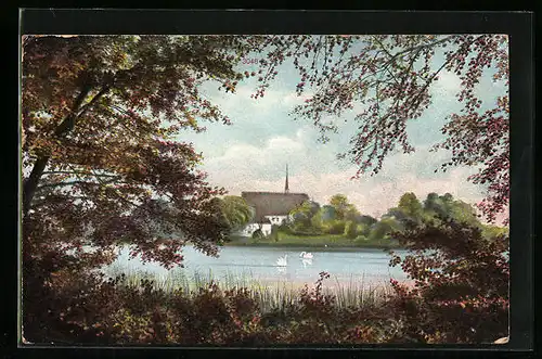 Künstler-AK Bordesholm, Uferpartie mit Blick auf die Ortschaft