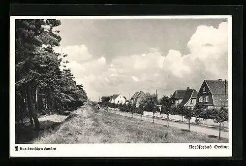 AK Ording, Strassenpartie mit Häusern am Wald