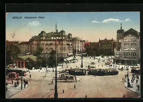 AK Berlin-Tiergarten, Potsdamer Platz mit Geschäften und Strassenbahn