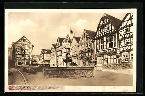 AK Fritzlar, Marktplatz mit Hotel und Rolandsbrunnen