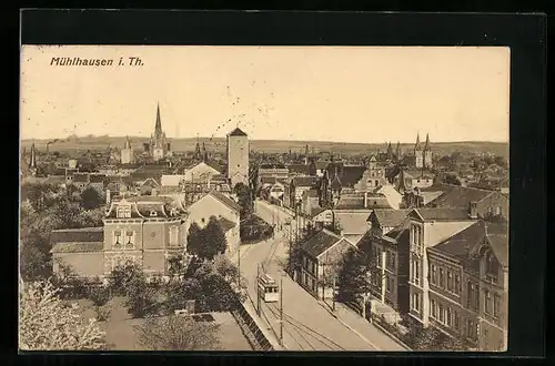 AK Mühlhausen i. Th., Strassenpartie mit Strassenbahn