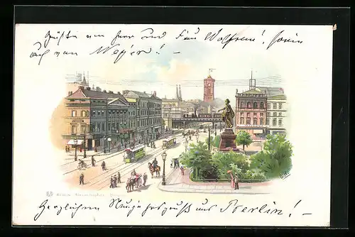 Lithographie Berlin, Alexanderplatz mit Berolina und Strassenbahn