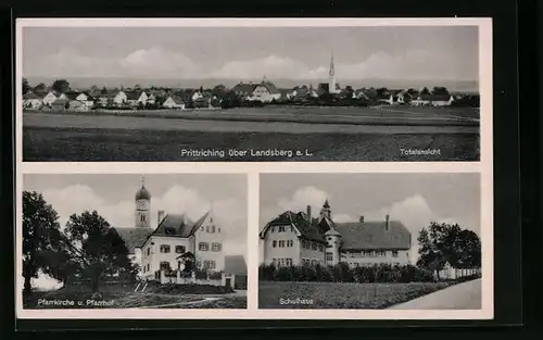 AK Prittriching über Landsberg a. L., Totalansicht, Pfarrkirche und Pfarrhof, Schulhaus