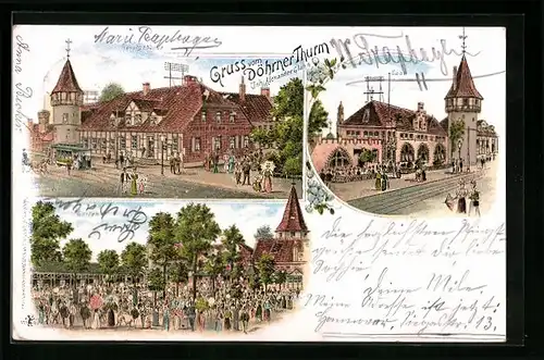 Lithographie Hannover, Gruss vom Gasthaus Döhmer Thurm, Inh. Alexander Glahn